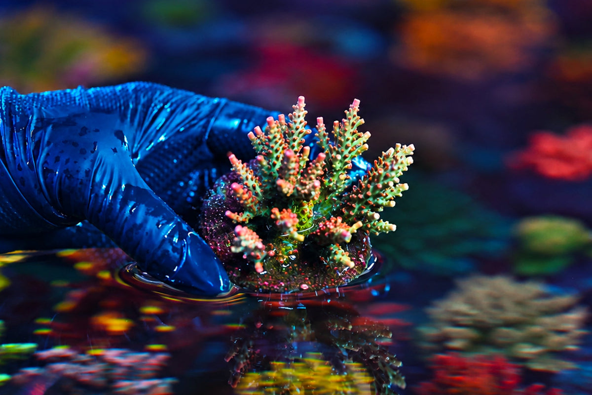 Editorial artwork of a gloved hand holding a branching coral
