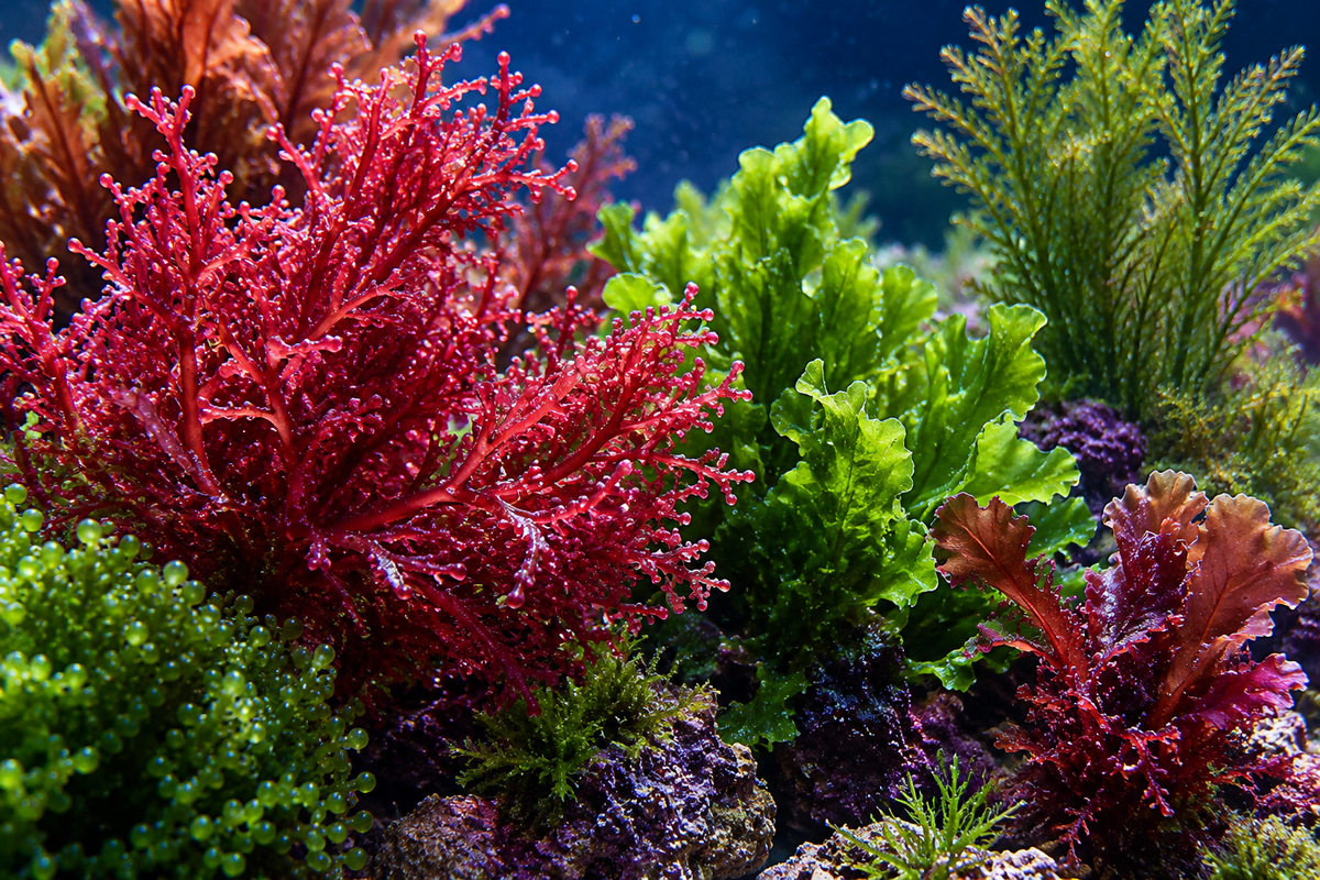 Colourful red and green macroalgae growing in a reef aquarium