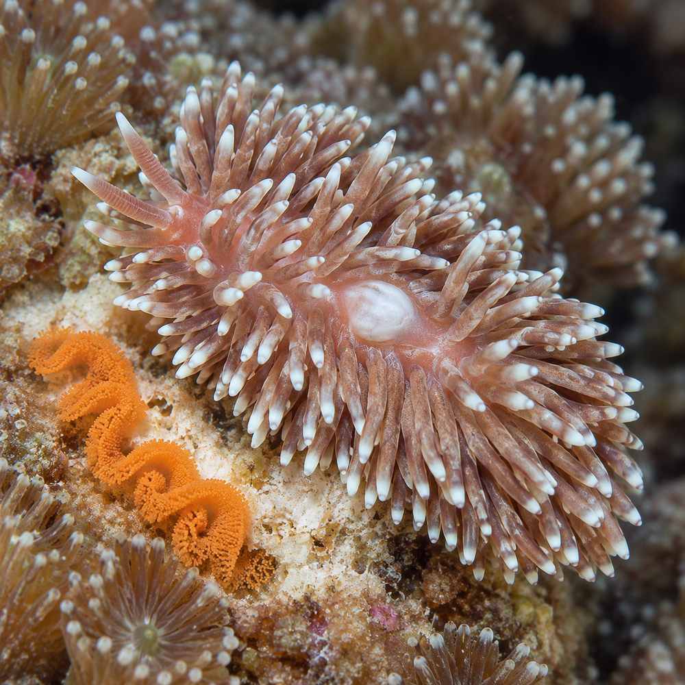 AI-generated photoreal reconstruction of a Goniopora-eating nudibranch on affected coral, based on Phestilla gonioporae morphology.
