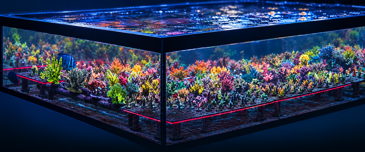 Coral-filled reef aquarium viewed from the corner under blue lighting