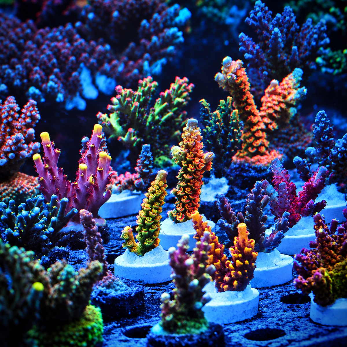 Colourful Acropora coral frags on white plugs in the Signature Frags aquaculture system