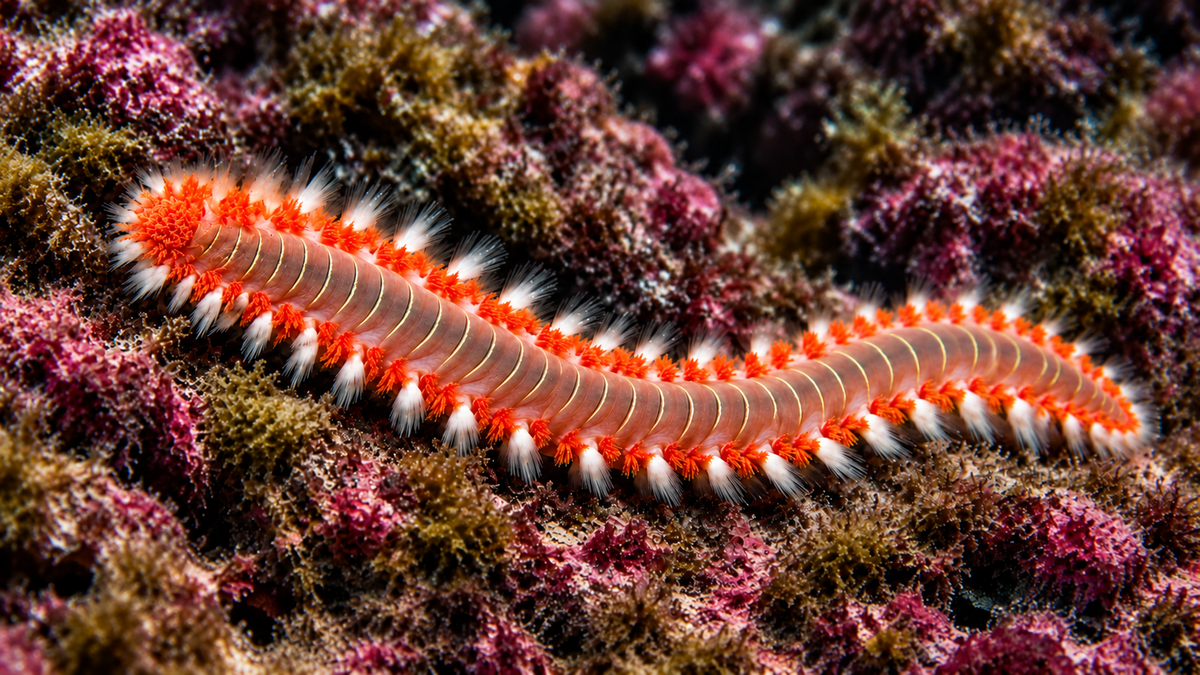 Illustrative orange fireworm with white bristles on purple live rock